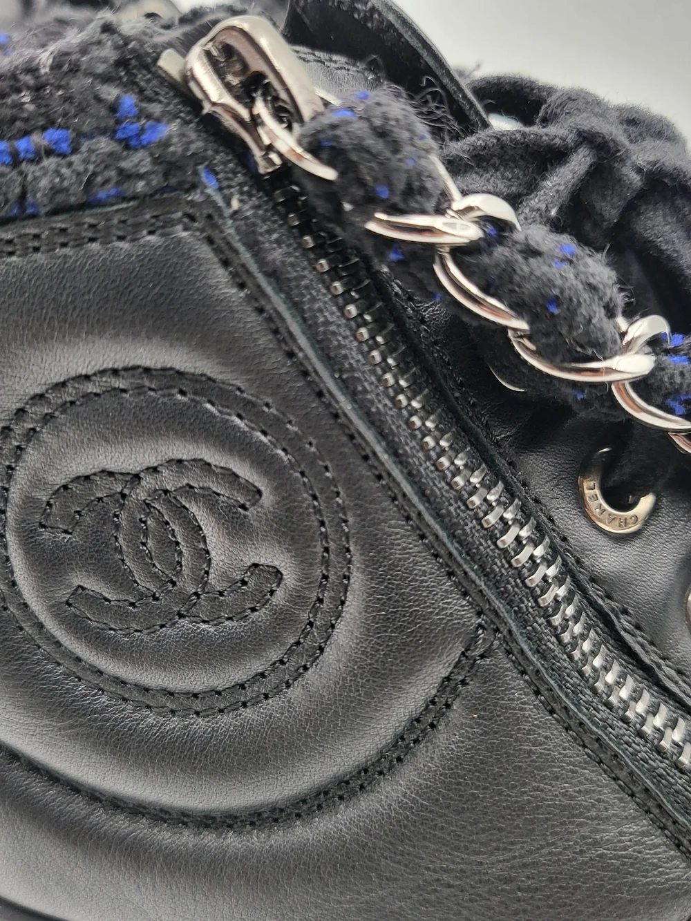 CHANEL LAMBSKIN LEATHER TWEED ZIPPED HI-TOP SNEAKERS 6.5. Authentic.